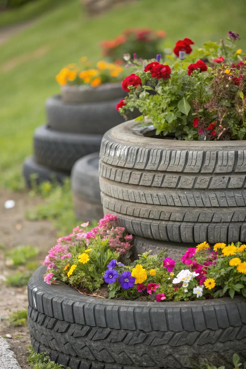 Used tires make an interesting and earth-friendly raised bed.