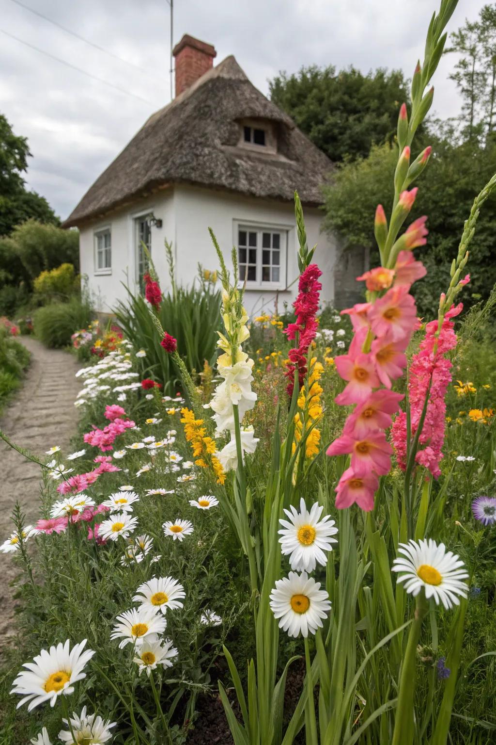 Charming cottage garden featuring gladiolus.