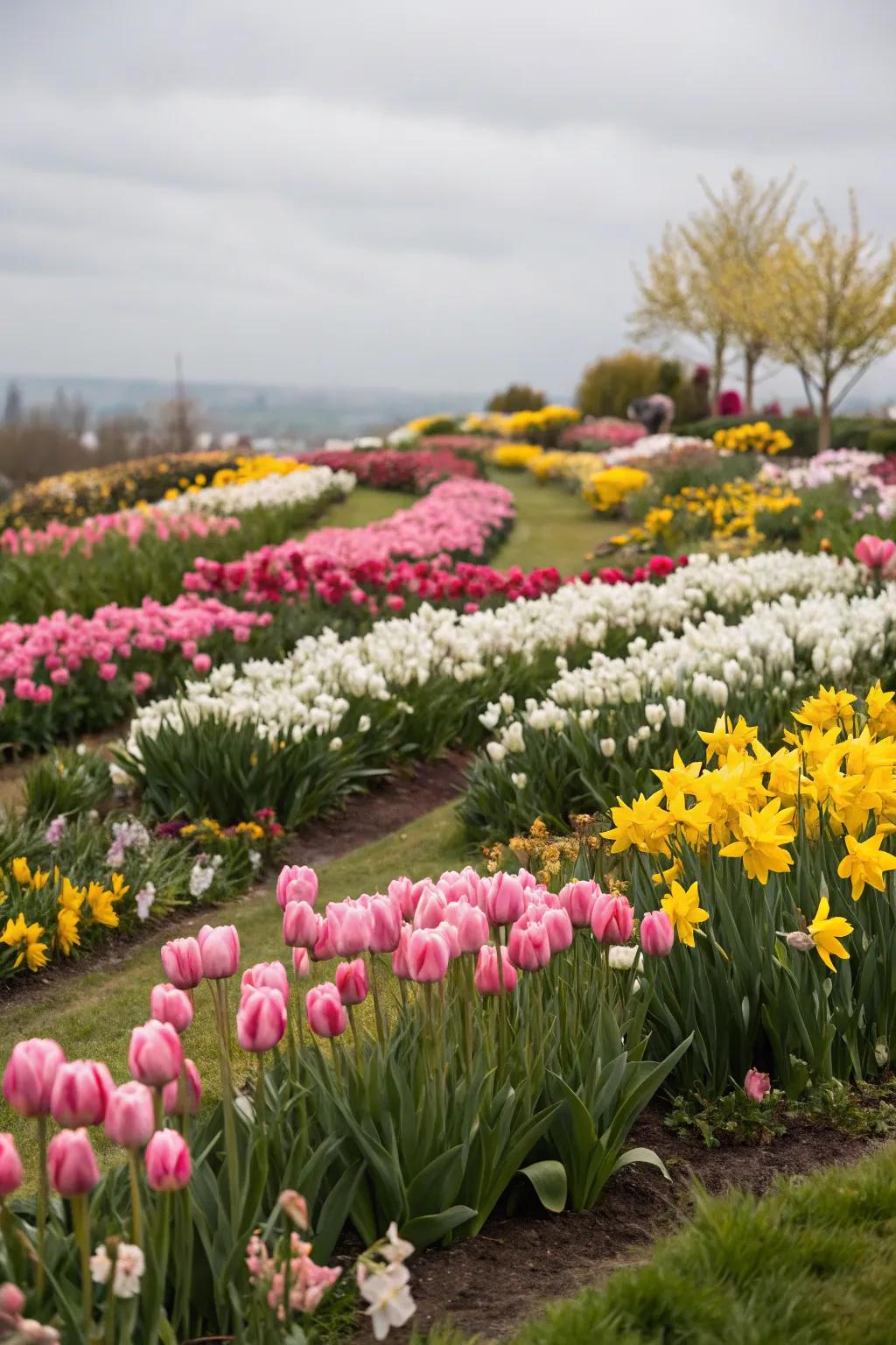 Tiered flower beds with a mixture of bloomglows, sunshines, and various spring flowers.