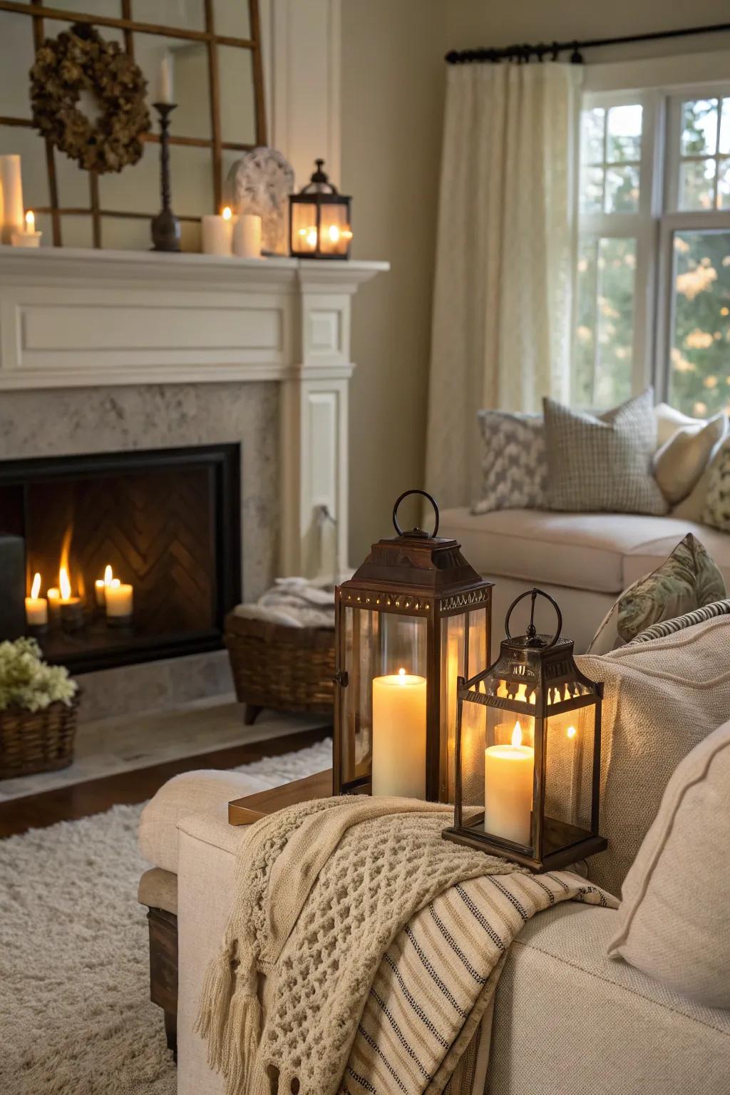 Flame globes contribute retro charm to a snug living space.