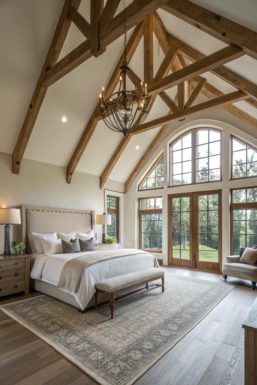 Architectural features like vaulted ceilings add character to the bedroom.