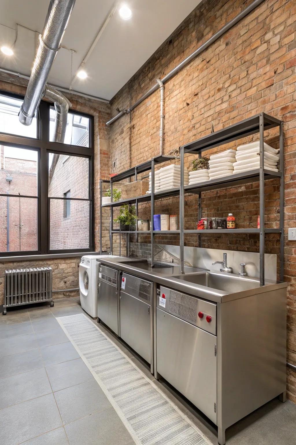 Stainless steel countertops provide a modern, industrial aesthetic.