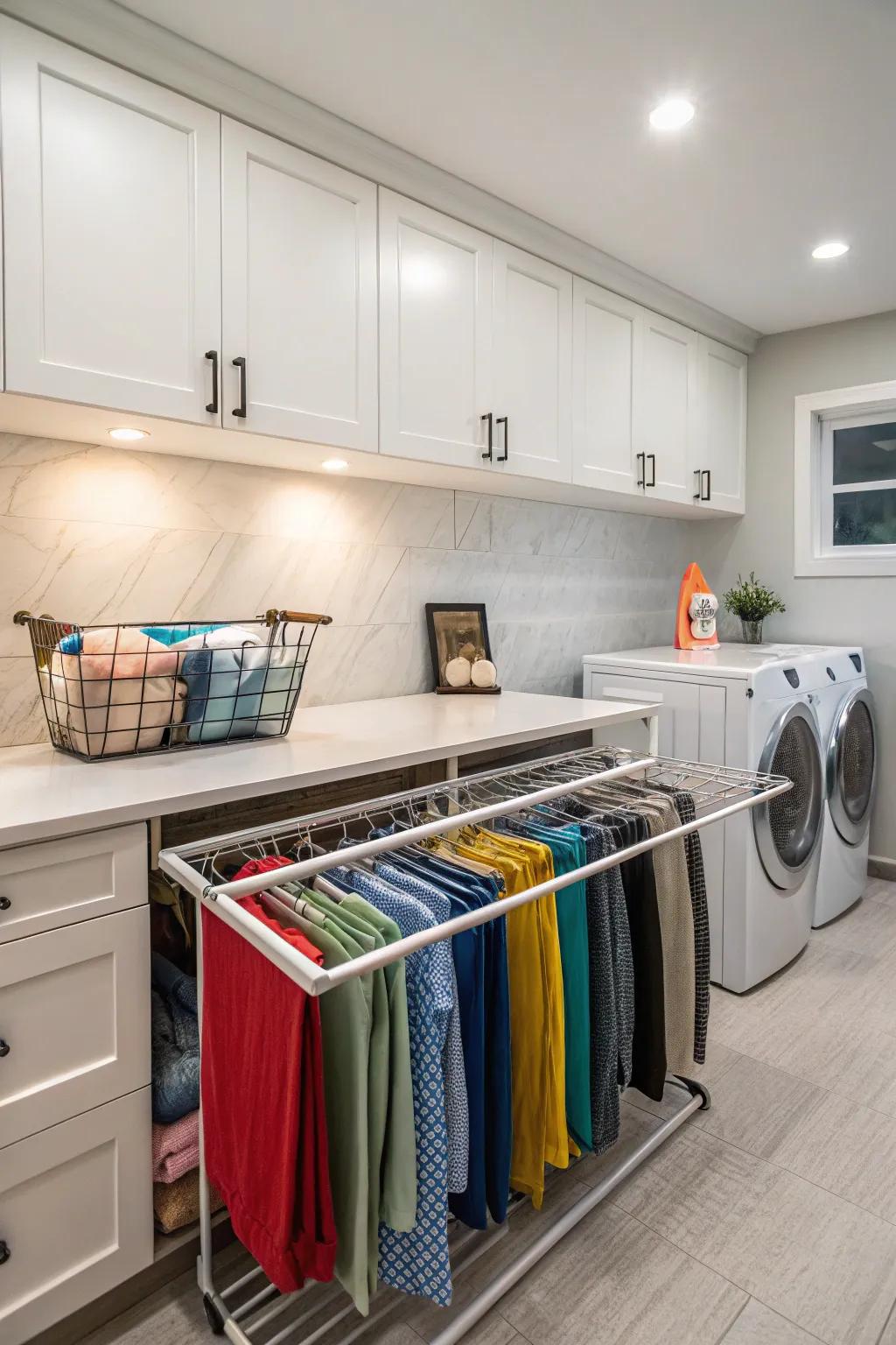 Integrated drying racks cleverly situated underneath a laundry room worktop.