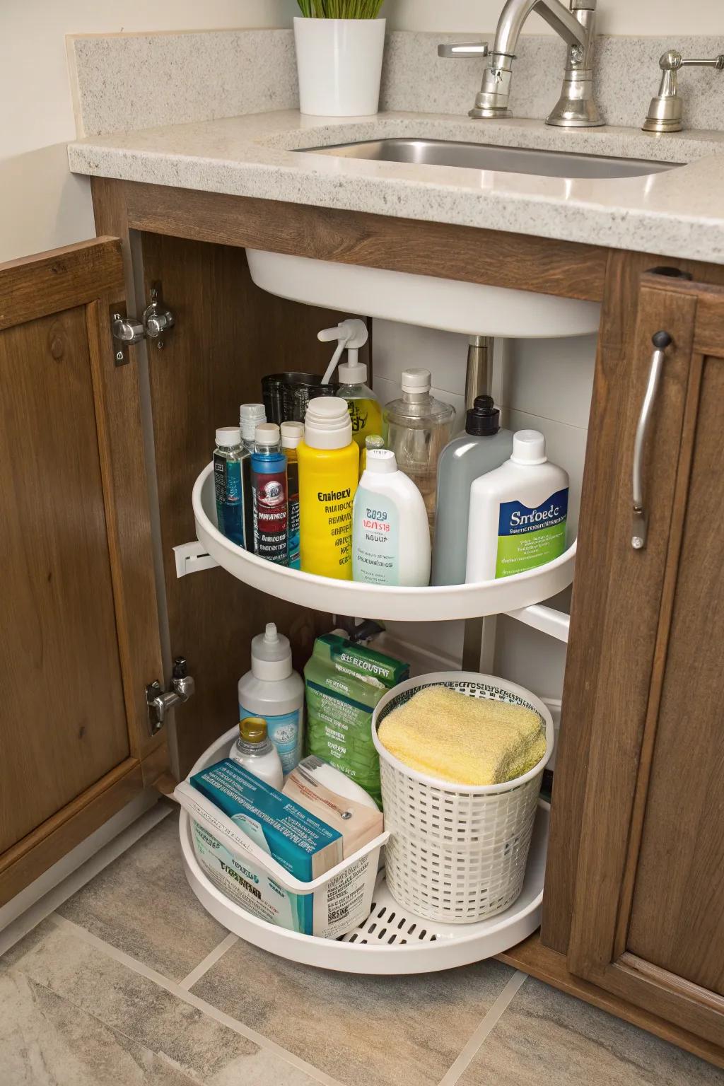 Streamline cleaning tasks by organizing supplies on a Lazy Susan.