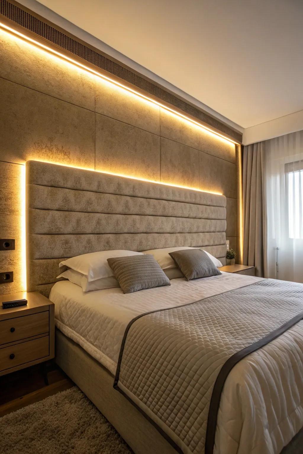 For a dramatic effect, a headboard is lit with <strong><em>LED</em></strong> strips.” loading=”lazy” class=”pimg”>
	</picture><figcaption>For a dramatic effect, a headboard is lit with <strong><em>LED</em></strong> strips.</figcaption></figure>
<p>By illuminating your headboard with <strong><em>LED</em></strong> strips, you can create a striking focal point and a warm glow that’s ideal for reading. It’s a straightforward yet refined option that I frequently suggest to customers trying to add a bit of elegance.</p>
<h3>Explore these options:</h3>
<ul class=