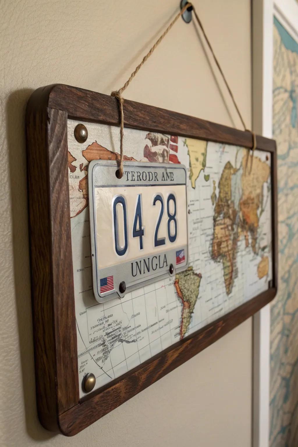 Employ license plates as unique borders for your creative works.