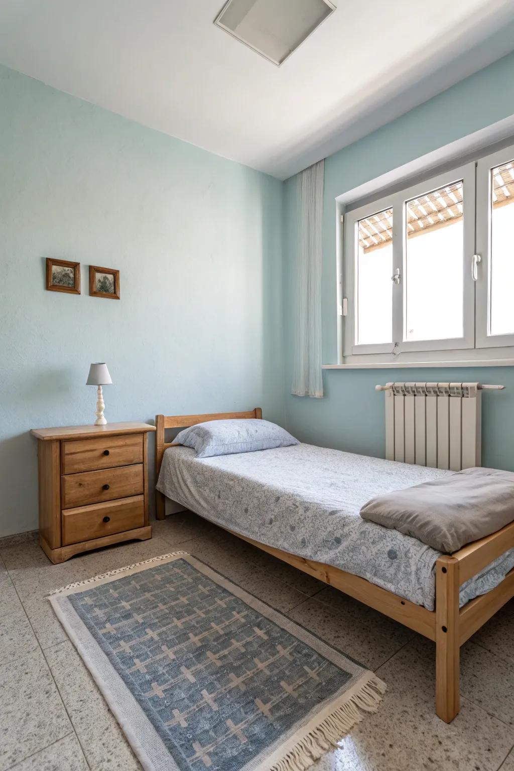 A minimalist sleeping quarter is enhanced by sky blue walls paired with understated furniture.