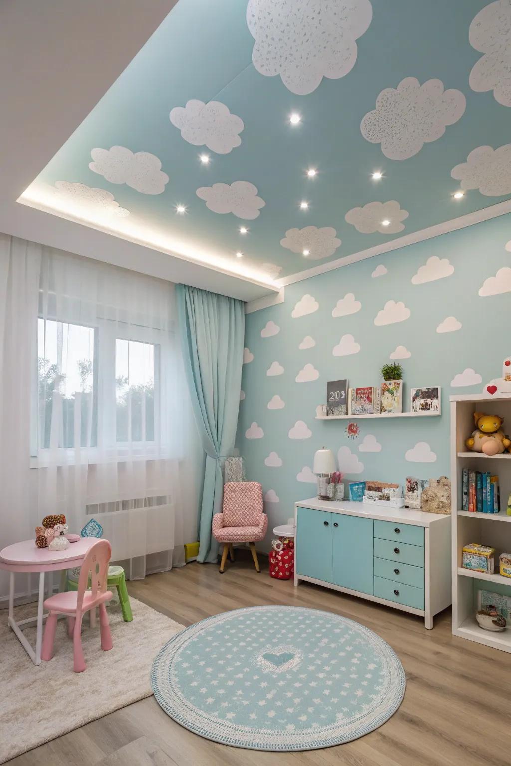 An imaginative child's room featuring a sky-blue ceiling decorated with cloud accents.