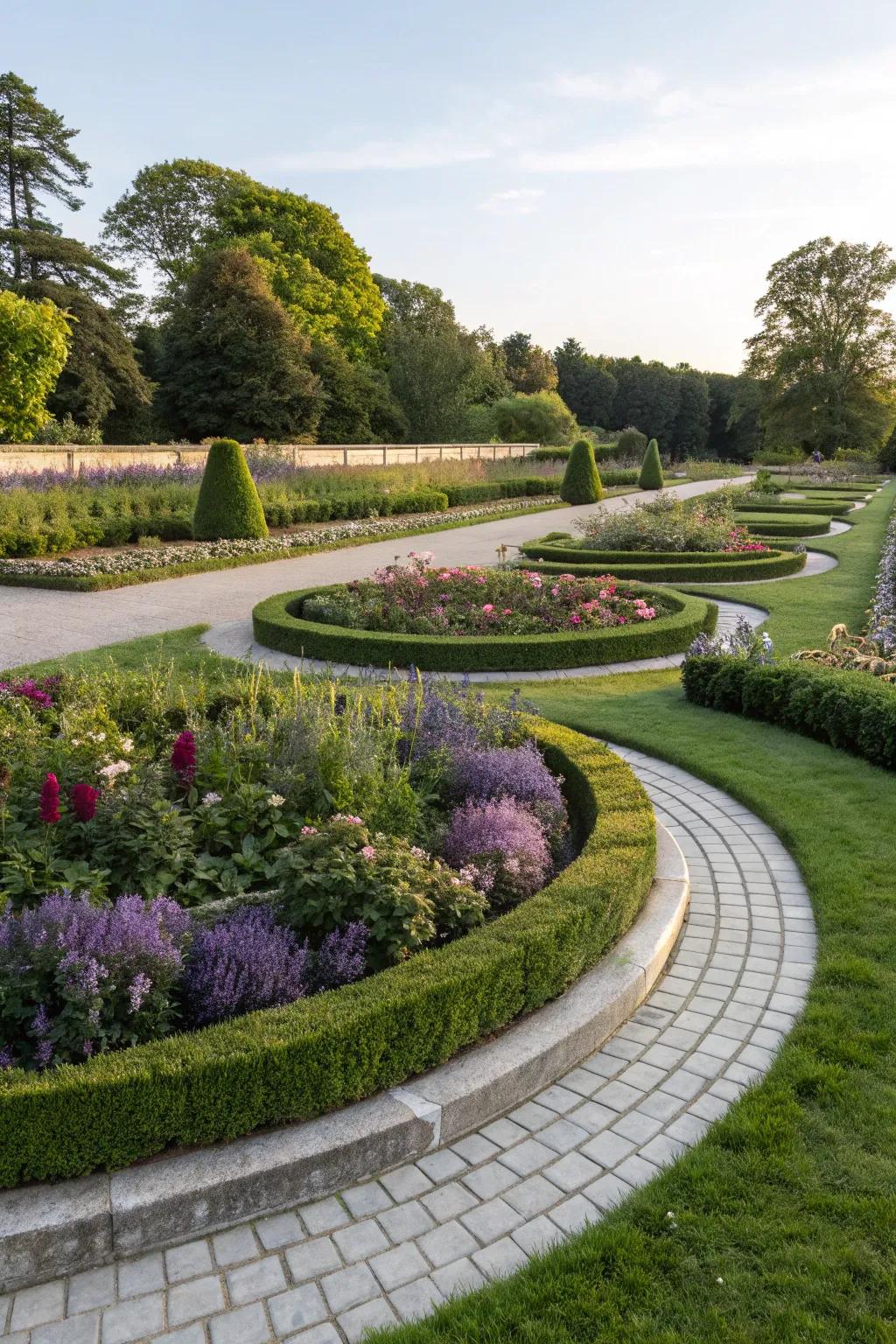Curved gardens highlighted by ribbon grass’s clean lines.