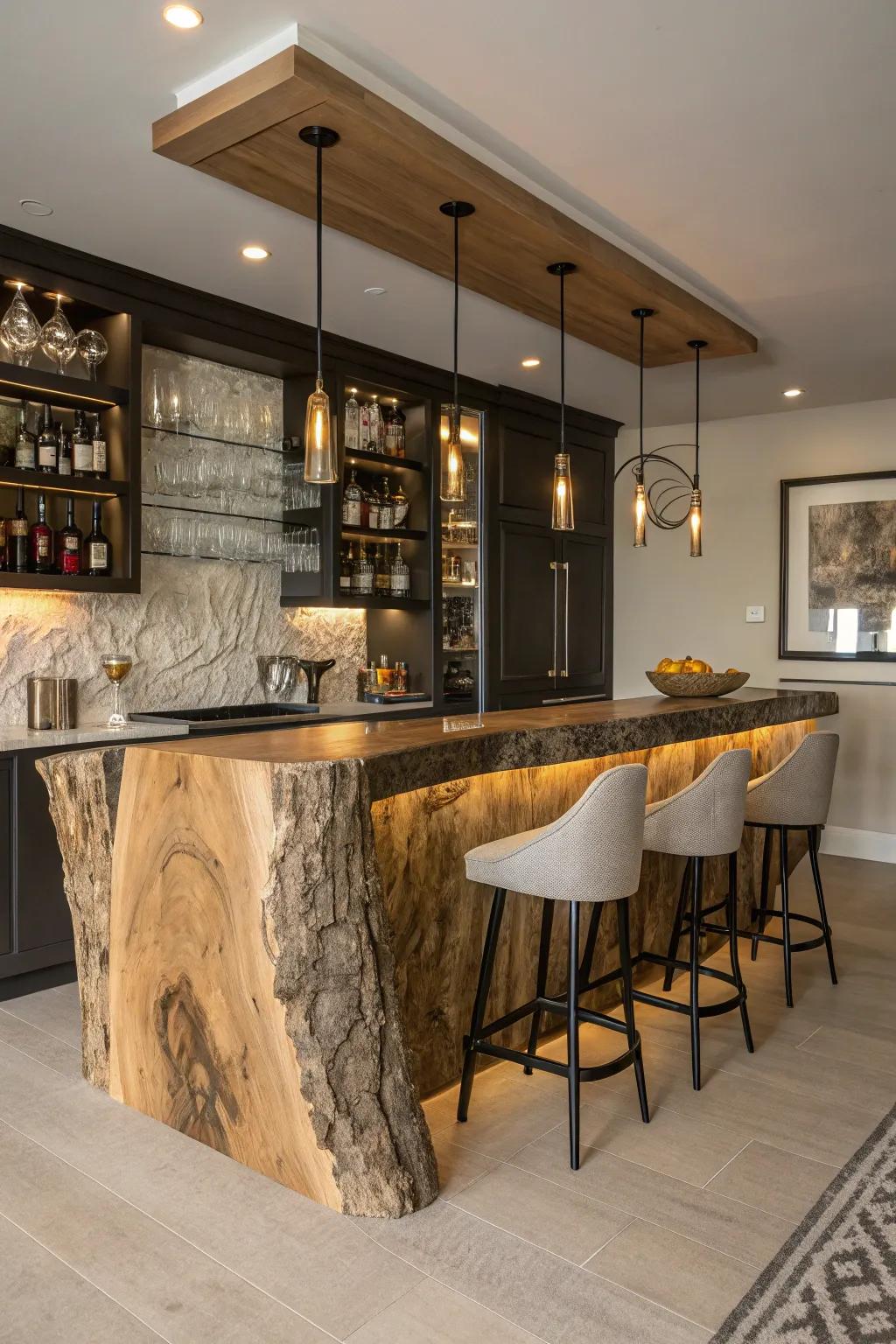 A live edge bar with special forms highlights its inherent artistry in an elegant home bar.
