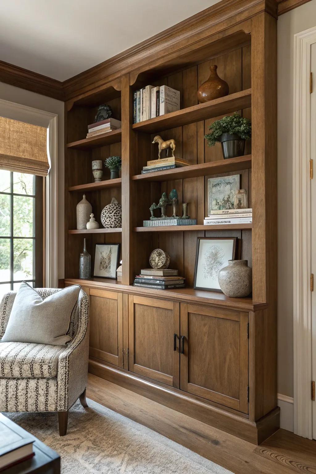 Corner shelving is ideal for displaying books and collectibles.