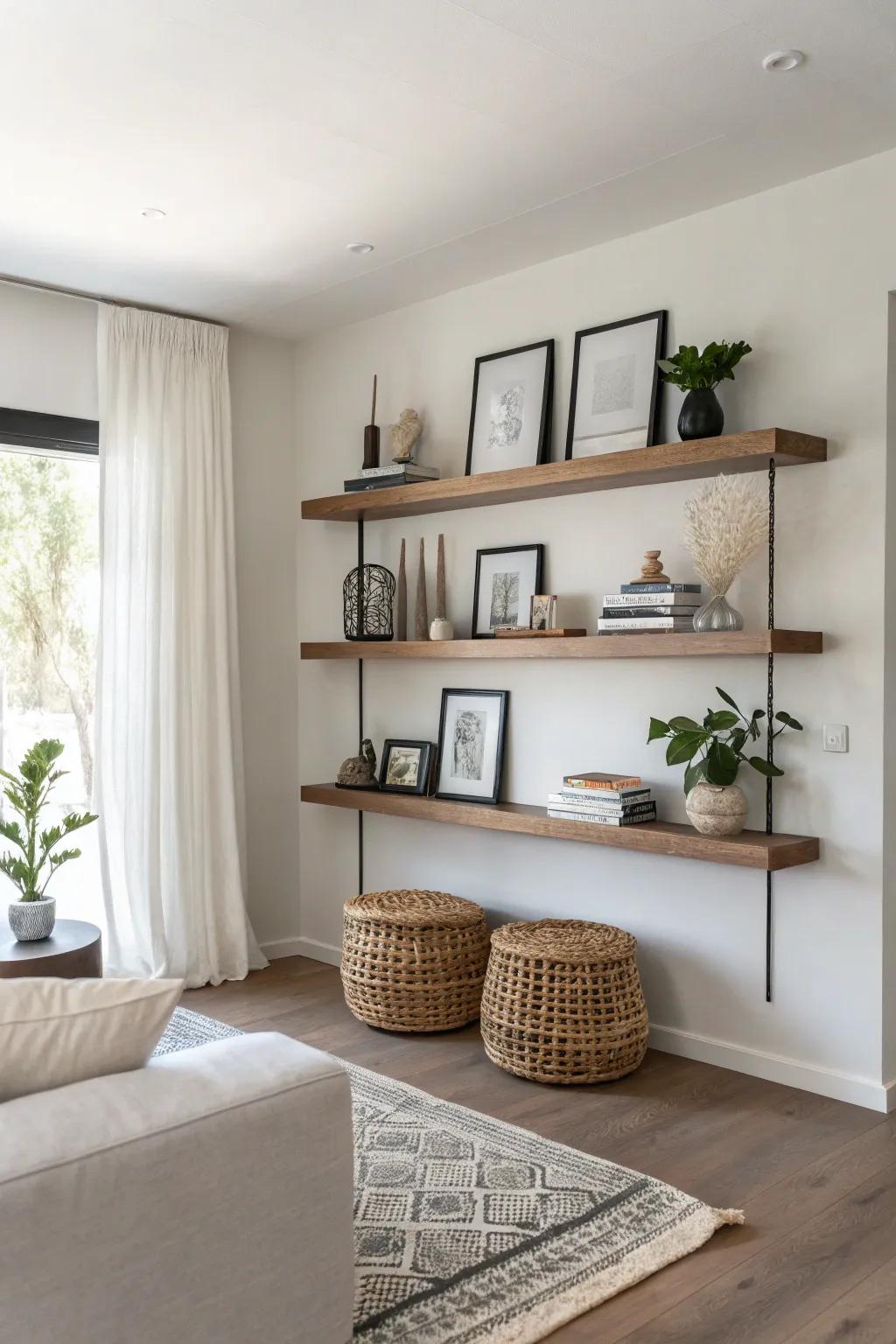 Embrace minimalism with sleek floating shelves.