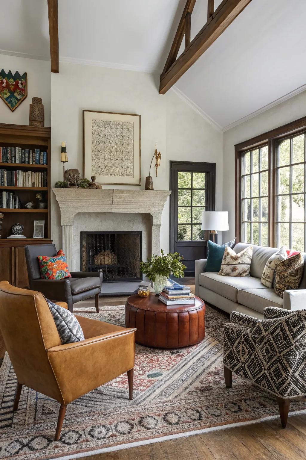 An eclectic, asymmetrical living room layout featuring a fireplace.
