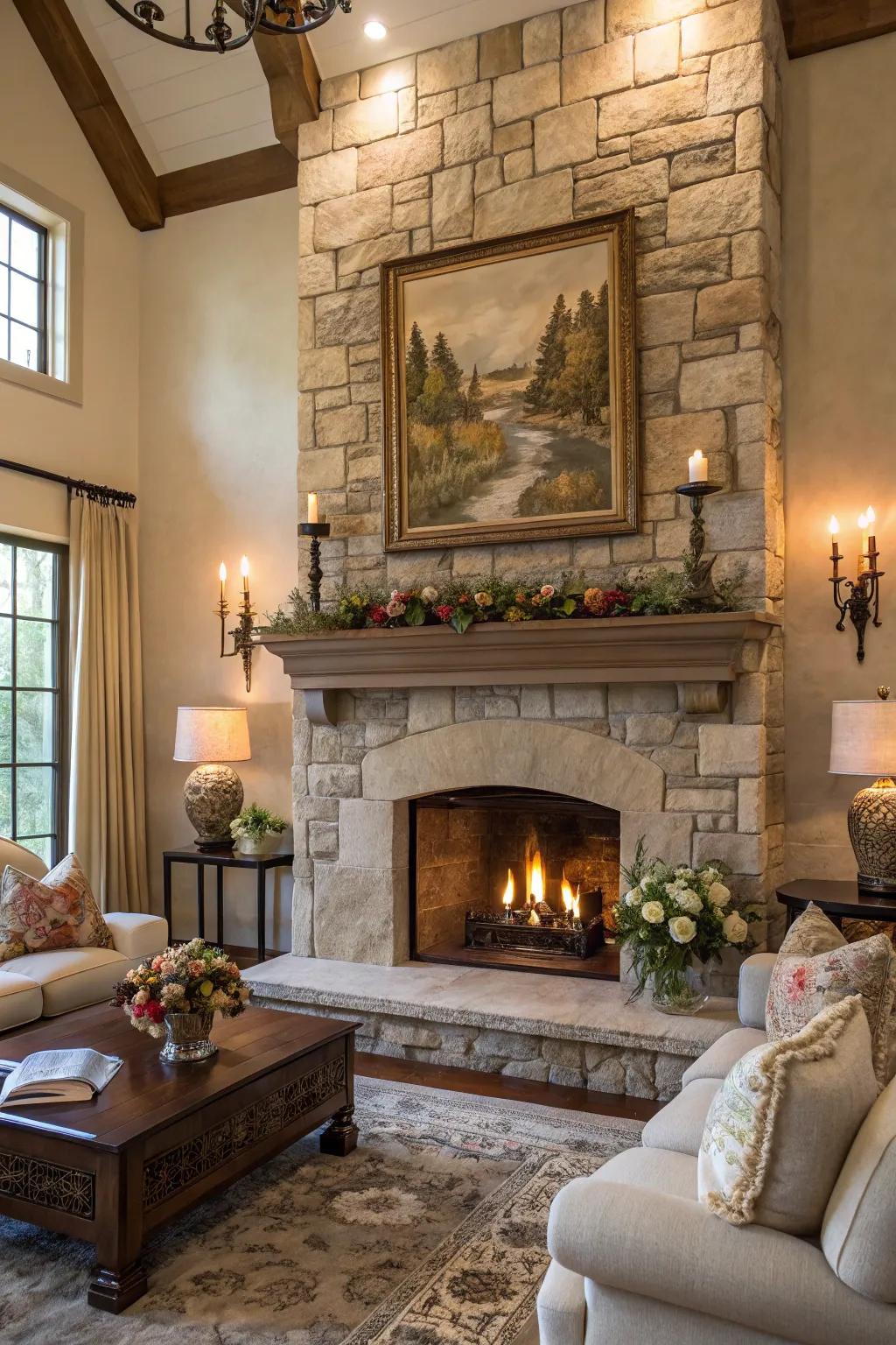 The attractiveness of your stone fireplace can be enhanced by a striking piece of art.