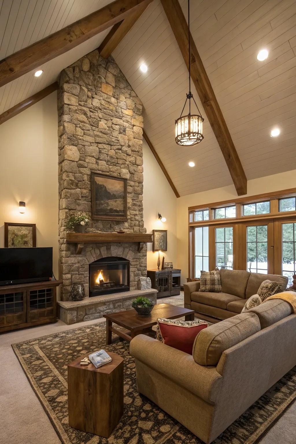 A stone fireplace creates a cozy focal point in a room with a high ceiling.