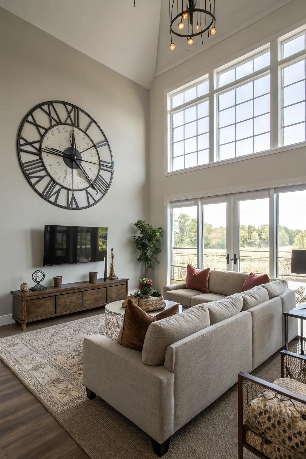An oversized wall clock makes a bold statement in a contemporary living room.