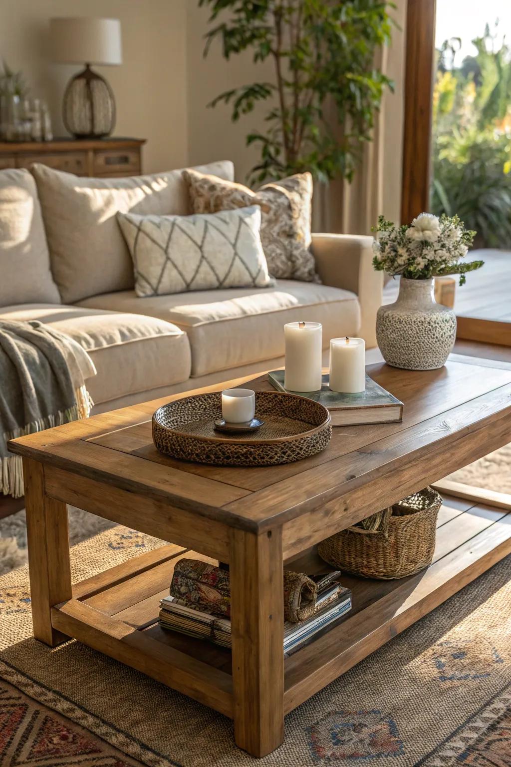 A timber center table introduces a hint of warmth and natural sophistication to your living room arrangement.