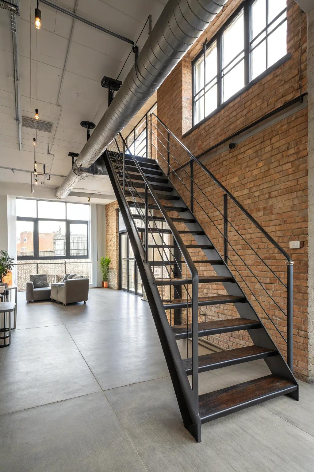Metal staircases contribute a practical yet sophisticated industrial element.