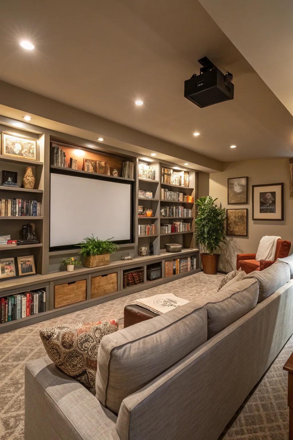 In-wall shelves keep your media room stylish and organized.