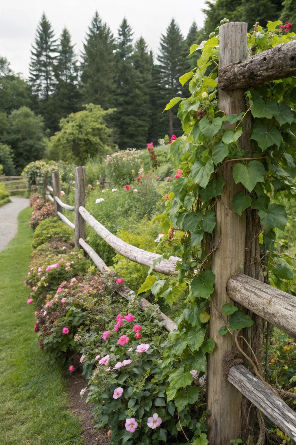 Log enclosures function flawlessly as supports for climbing plants.