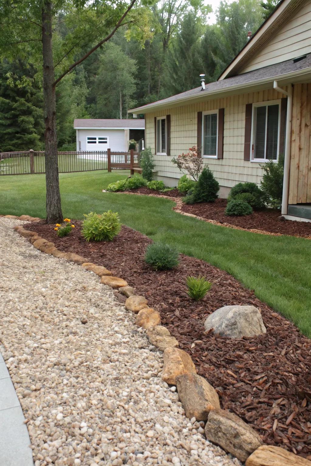 A front yard showcasing a textured blend of shredded bark and crushed stone.