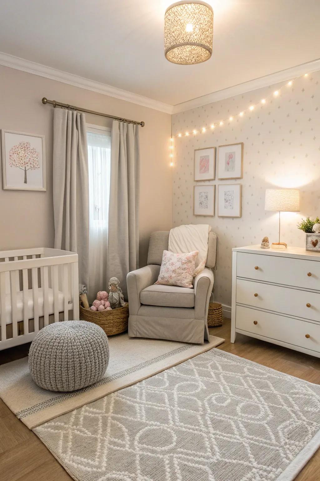 A nursery fashioned with a soothing neutral palette in cream and gray tones.