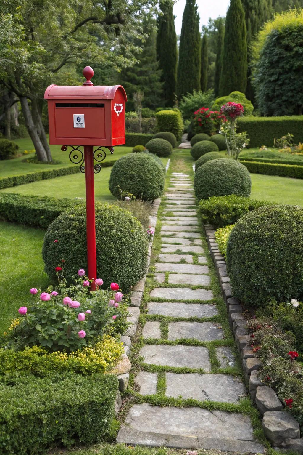 Symmetrical stone motifs inject a traditional dimension into mailbox landscaping.