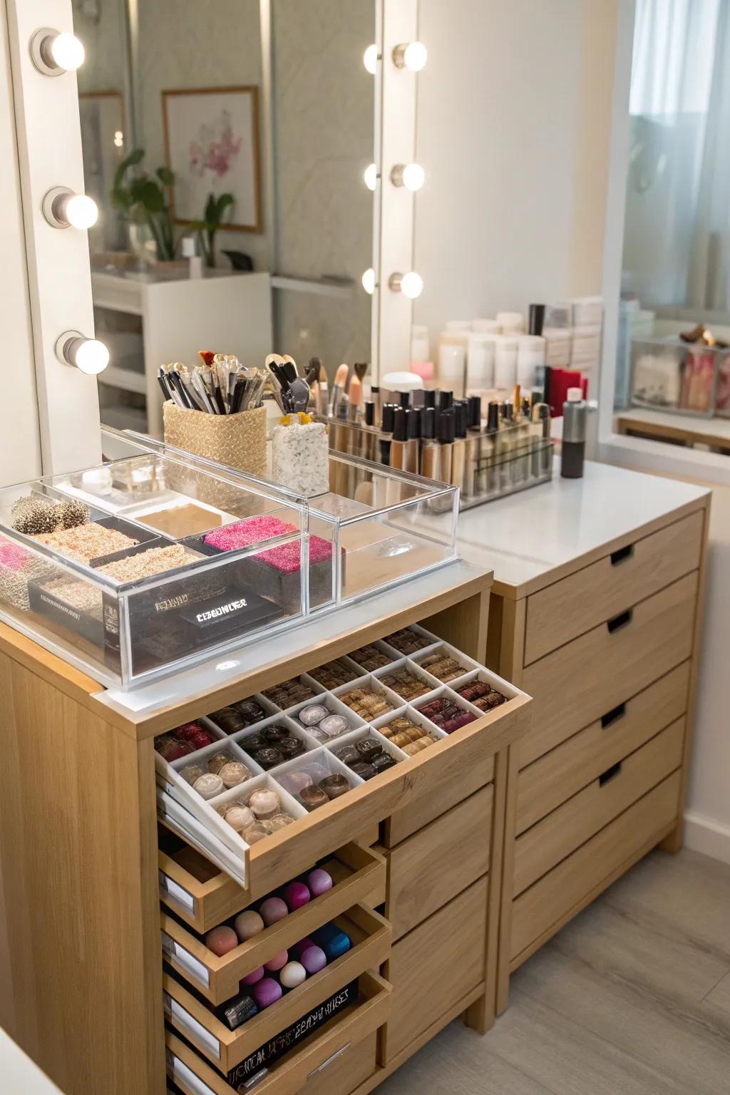 Elegant storage solutions keep your space organized.