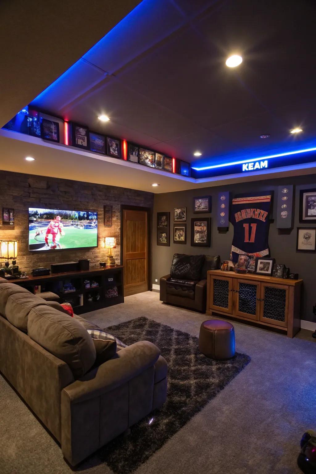 Ambient lighting creating a tranquil ambiance in a man cave.
