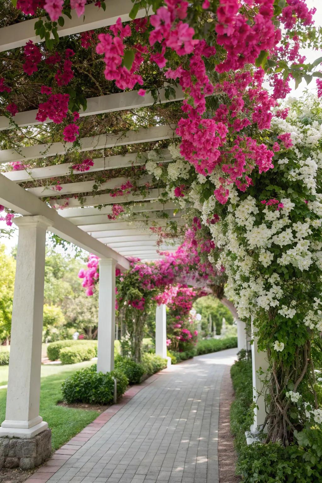 An arbor festooned with mandevilla flowers tenders a picturesque, umbrageous dining space.
