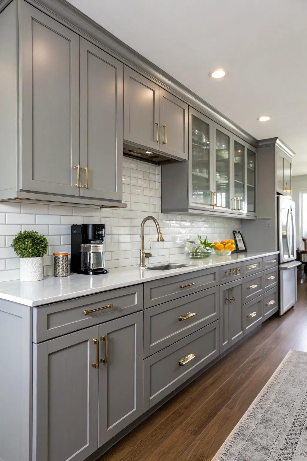 A sleek kitchen featuring gray walnut cabinets with modern accents.