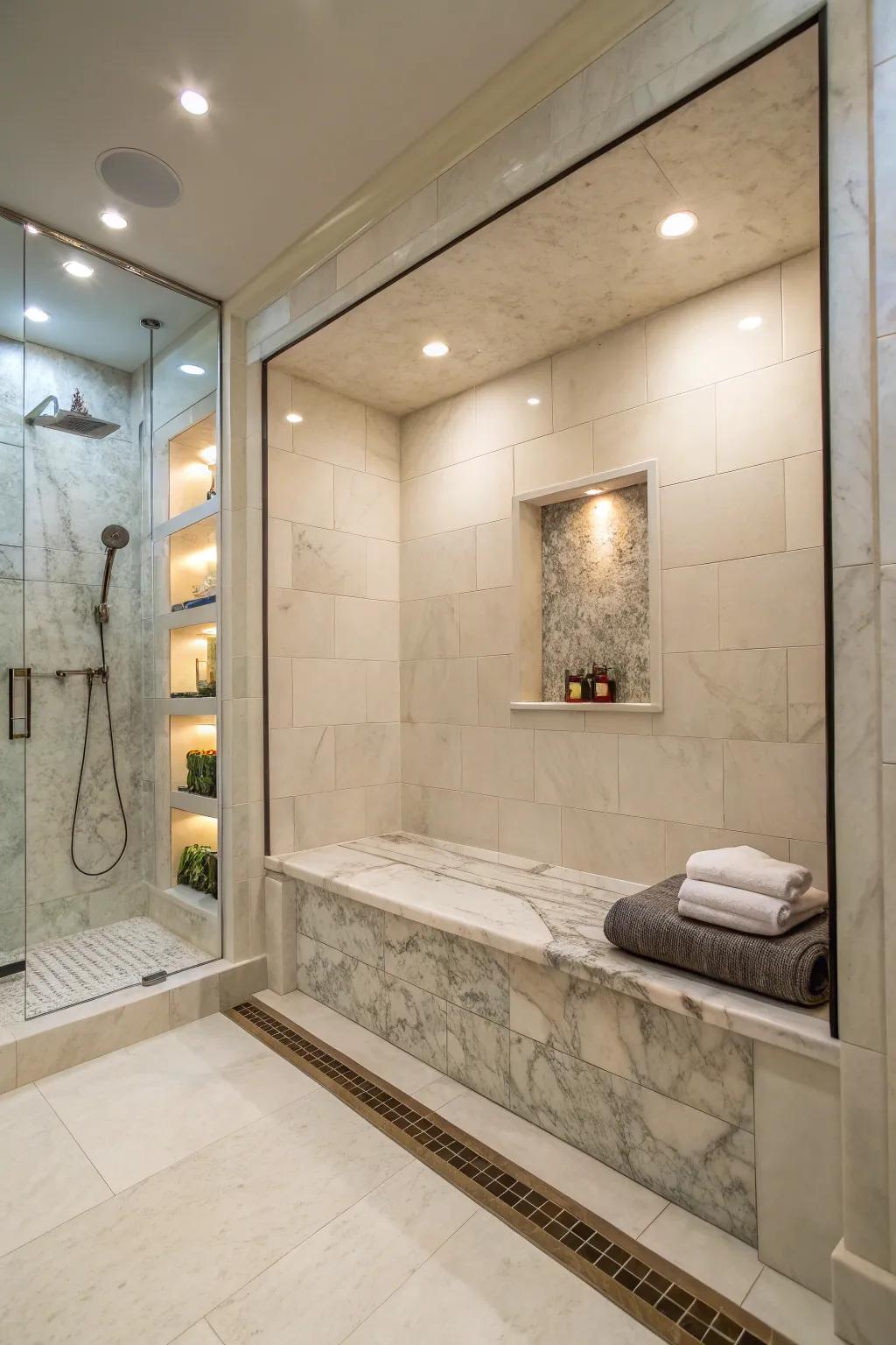 A wall-mounted stone seating under the recess enhances the shower experience.