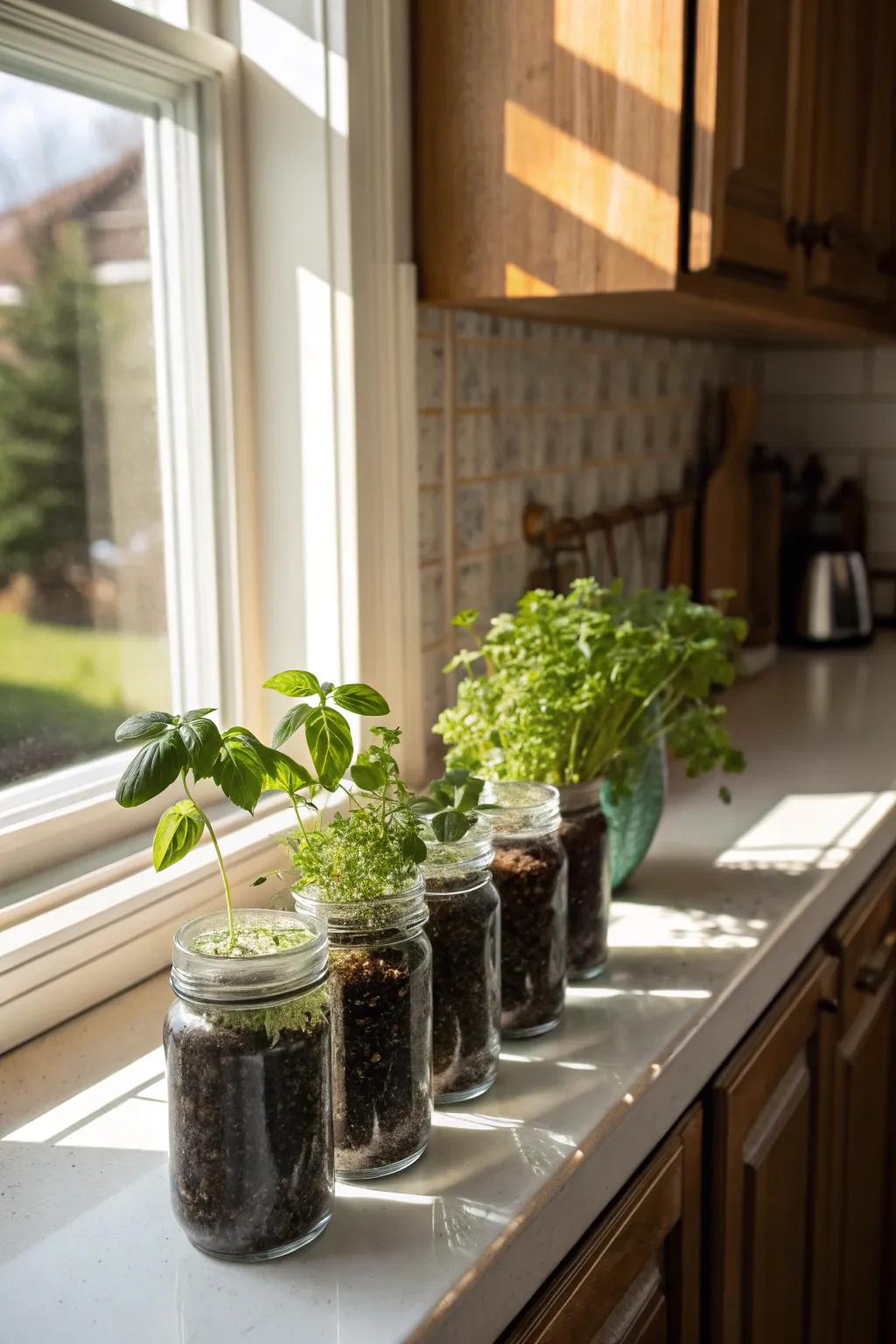 Botanical-packed heritage containers providing novel vegetation in the cooking area.