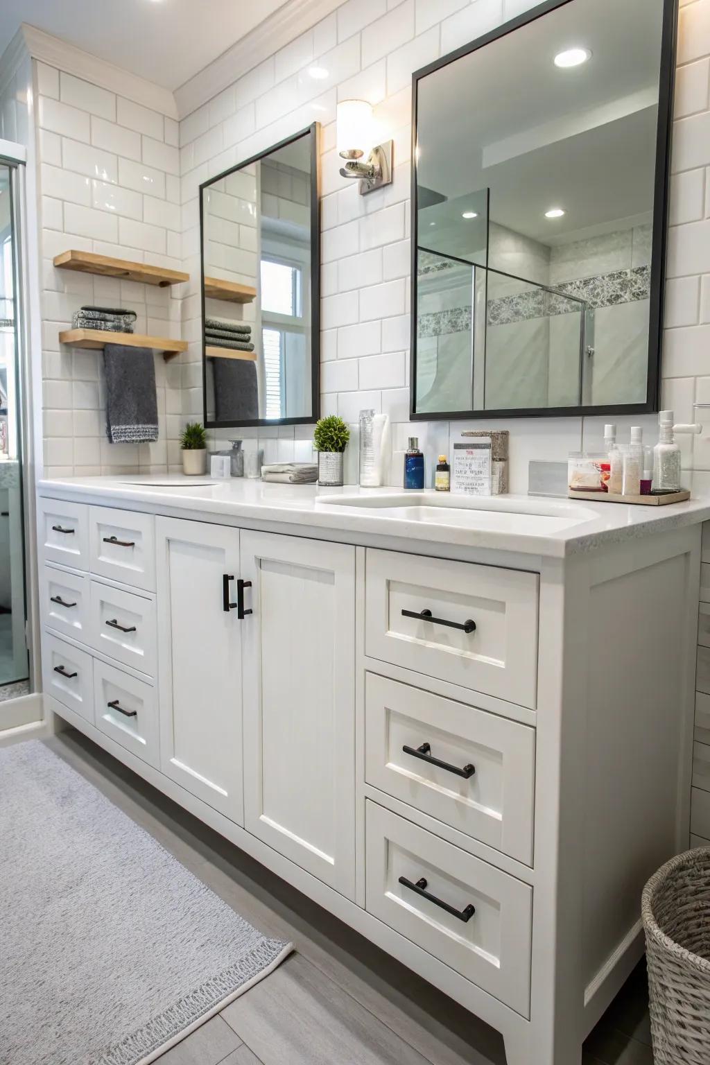 A bathroom vanity that incorporates diverse storage solutions, including drawers and cabinets.