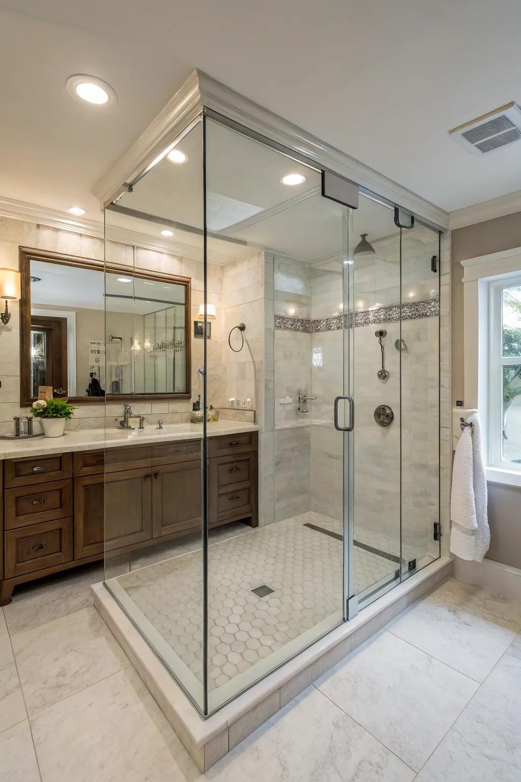 This step-free shower introduces a trace of contemporary opulence through its smooth structure.