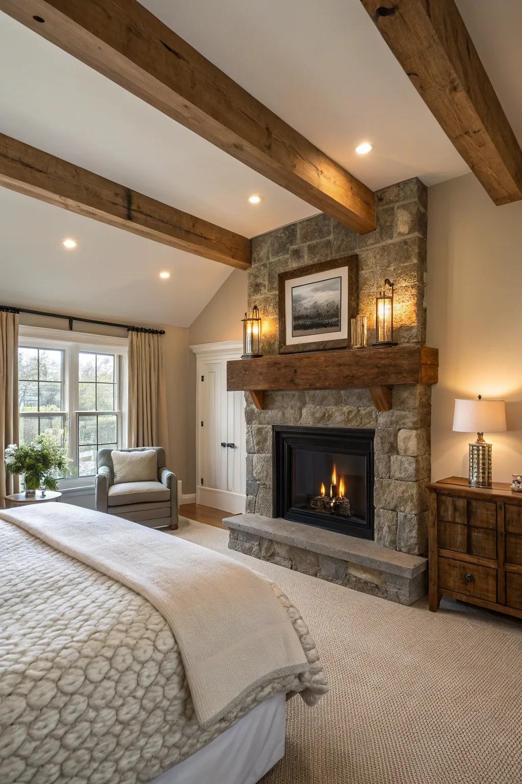 Rural appeal is enhanced using a repurposed timber plank over the hearth.