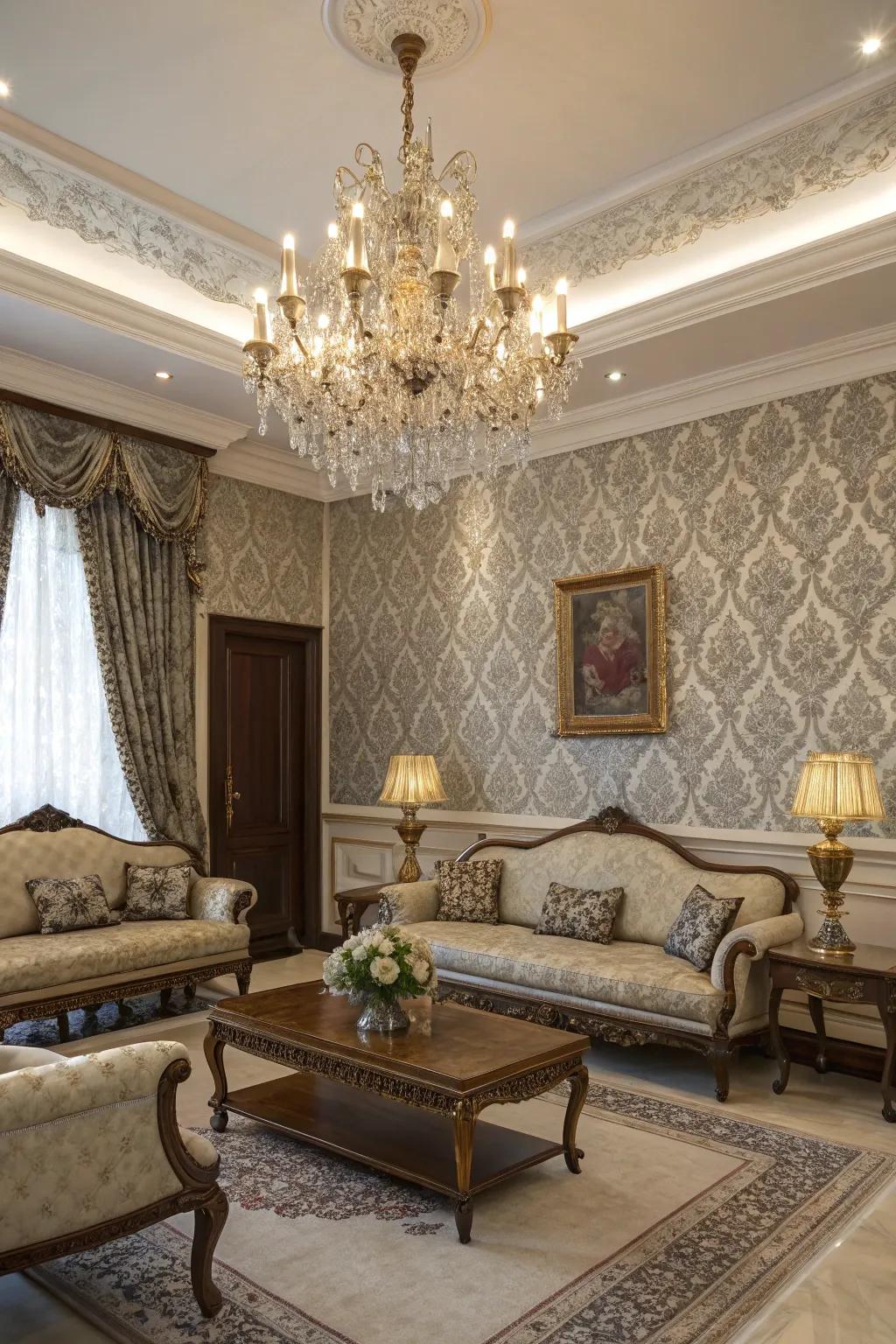 Damask style wall covering lends an atmosphere of refinement to an official living space.