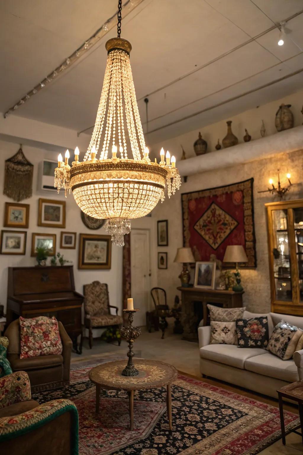 A vintage pendant light adds elegance to this maximalist space.