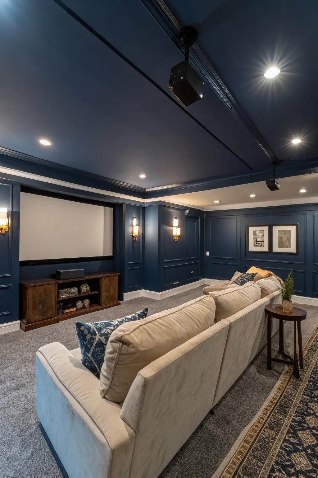 A serene media room immersed in deep ocean tones, the epitome of relaxation.