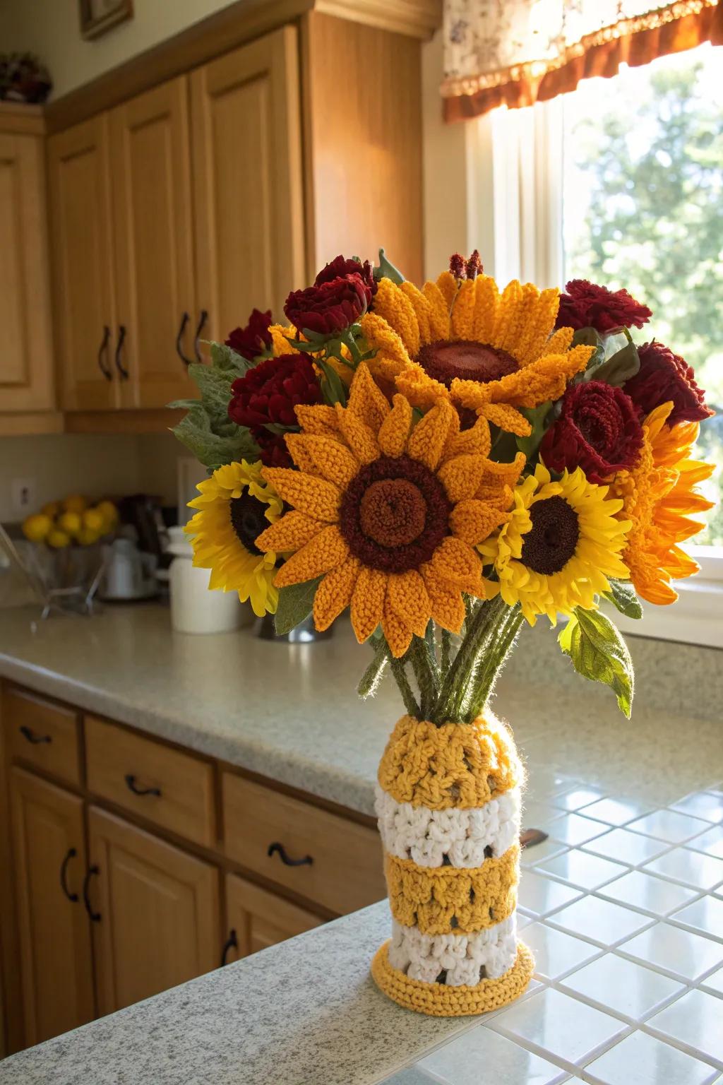 Hand-stitched sunflowers deliver unwavering beauty and cheer.