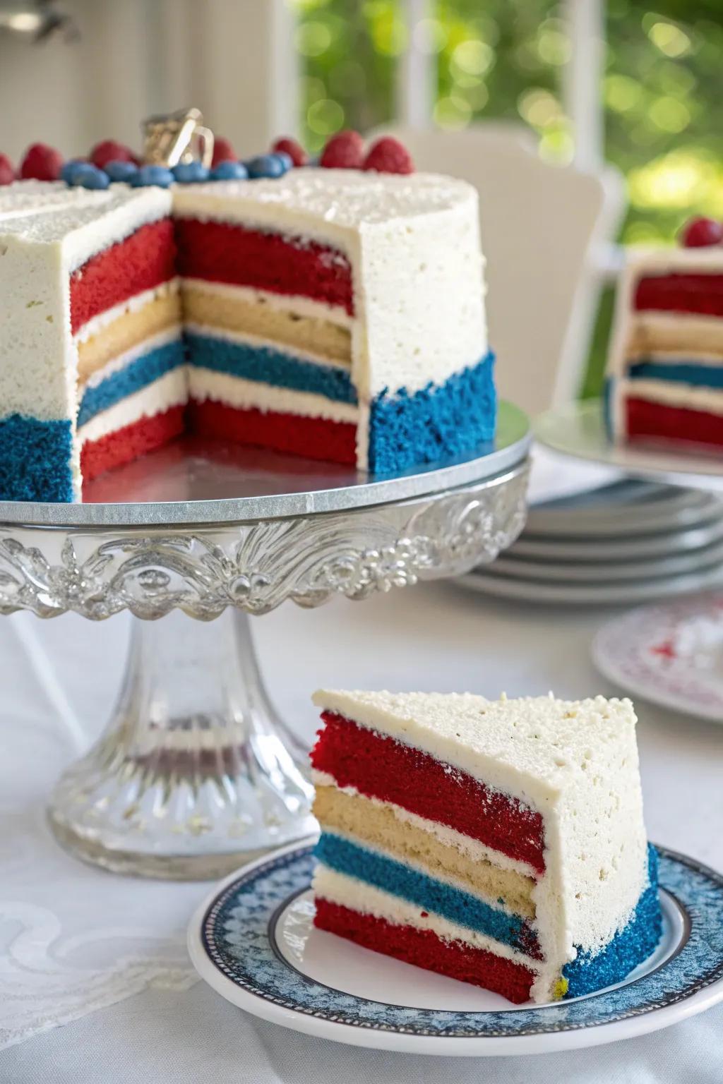 A layered cake surprises and delights with its secretly patriotic colors.