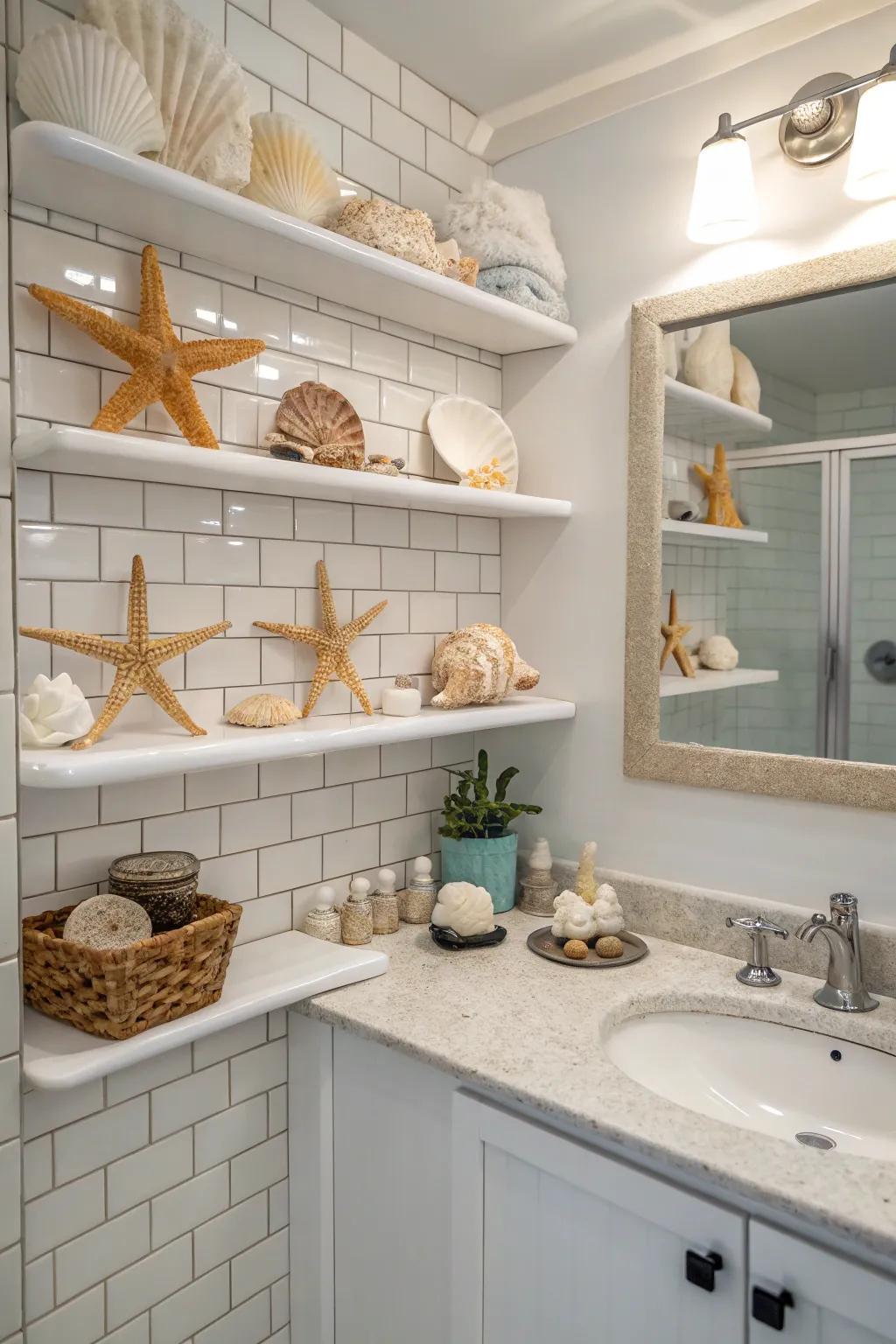 Seashell embellishments deliver a segment of the sea to your bathroom's aesthetic.