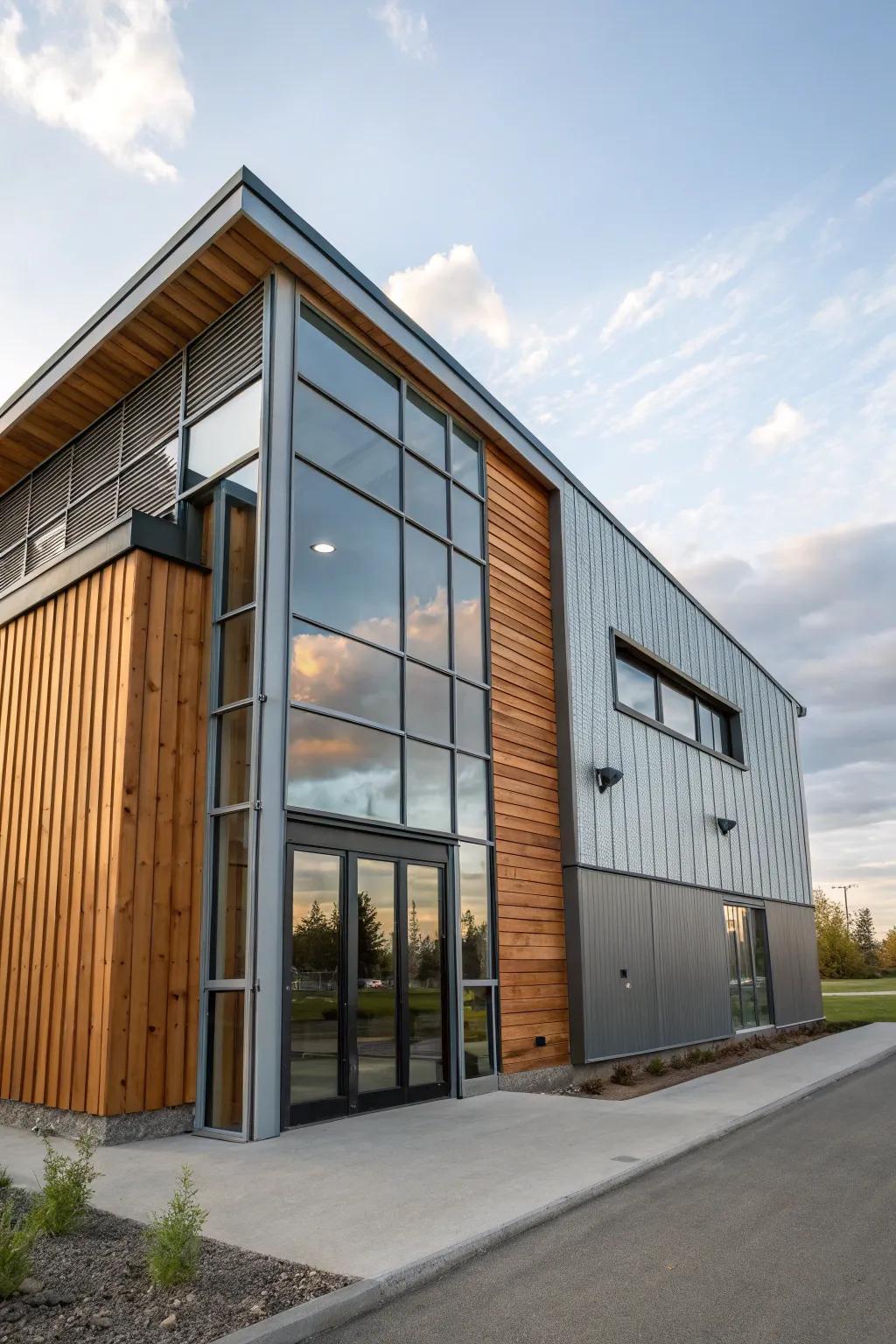 Blended materials produce a lively and inviting building exterior.