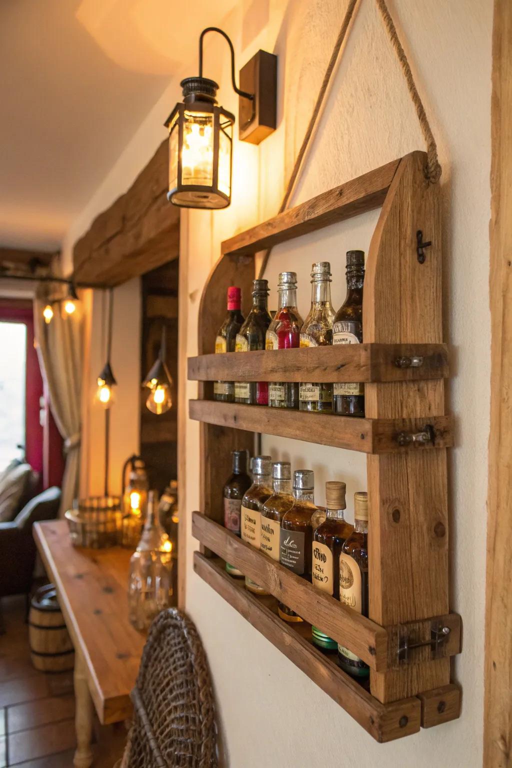 A countryside timber organizer affording a delightful dwelling for mini liquor bottles.