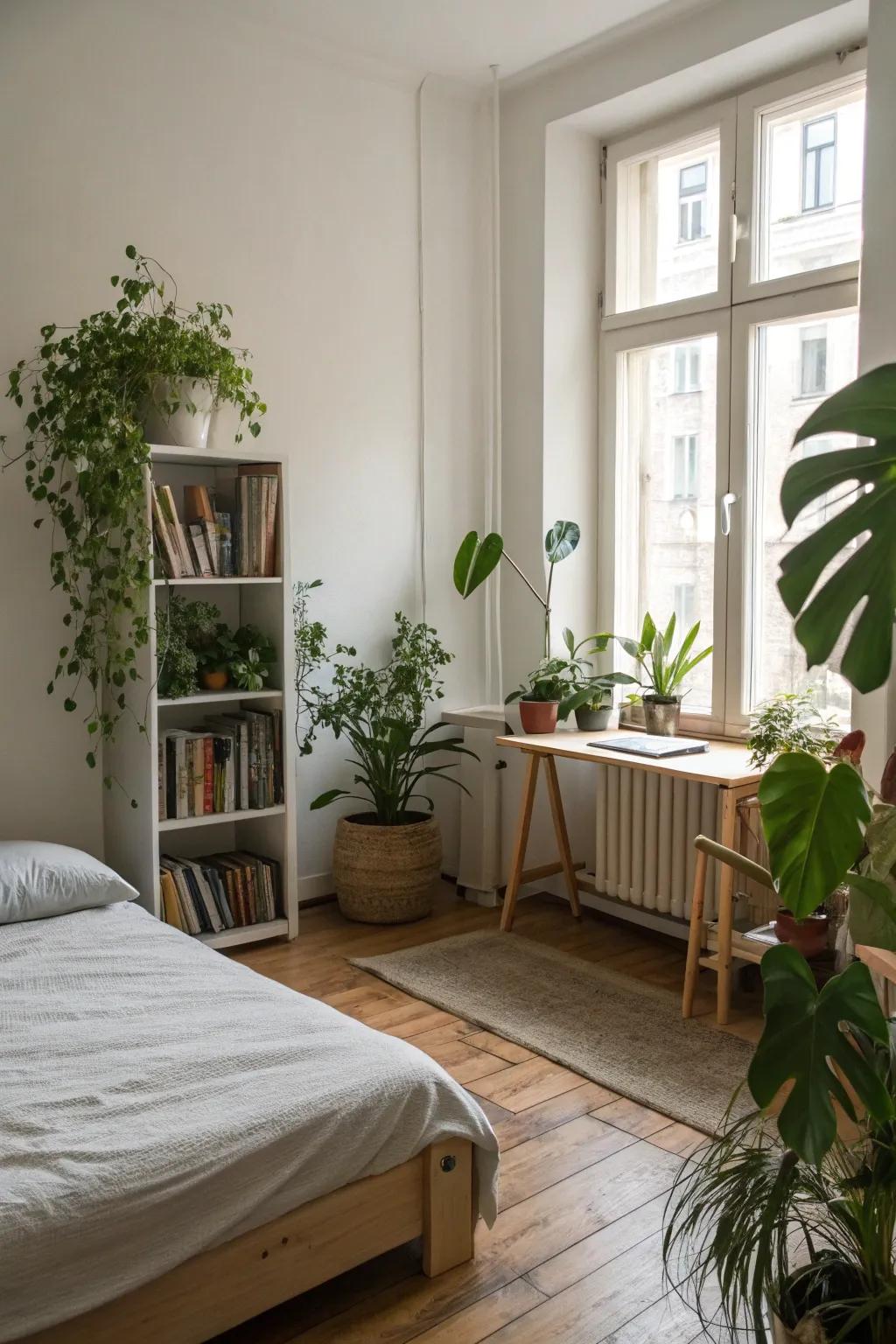 Natural elements infuse this minimalist room with warmth and vitality.