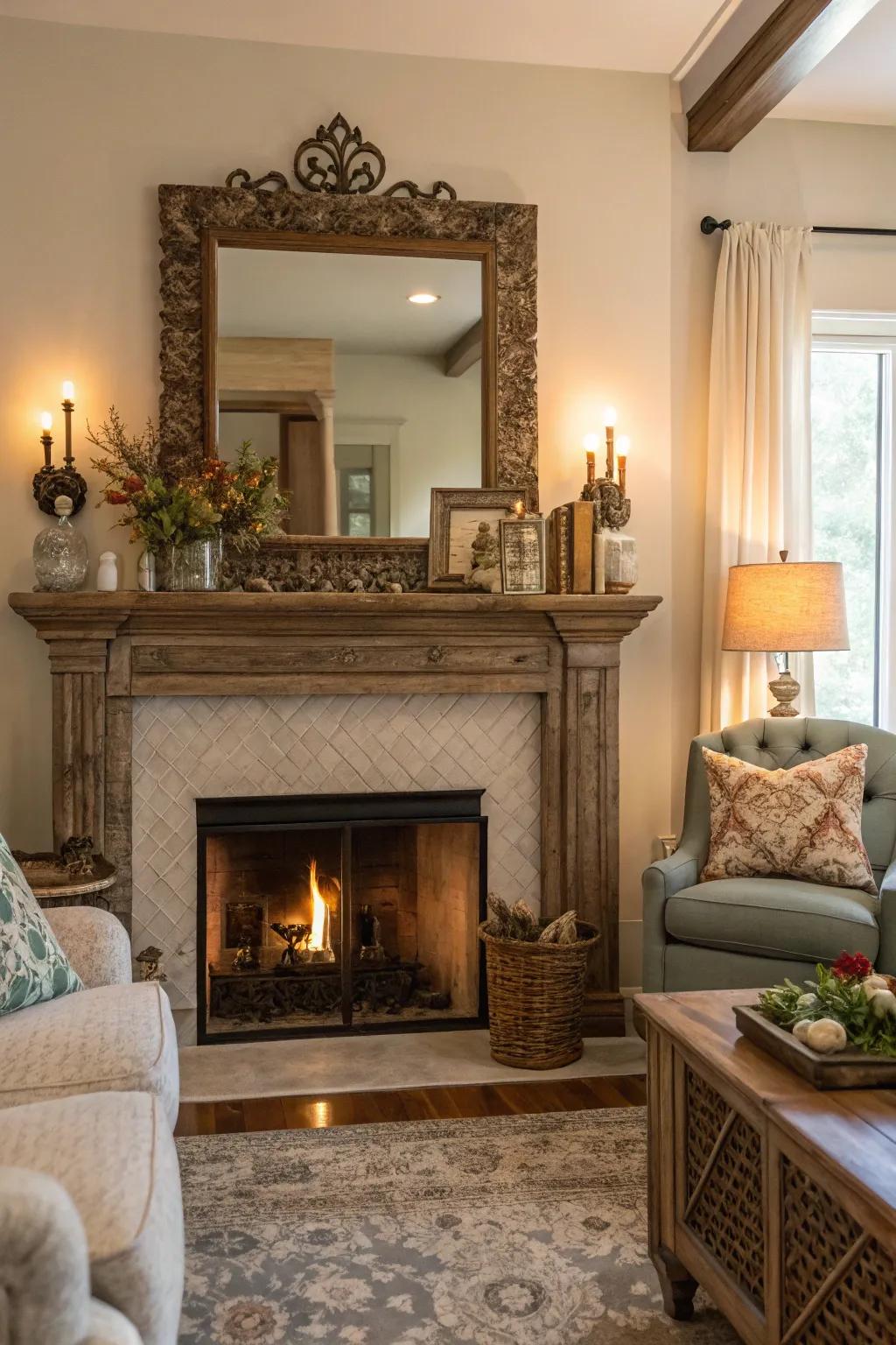 A mantel reflector enhances the warmth of the living room.