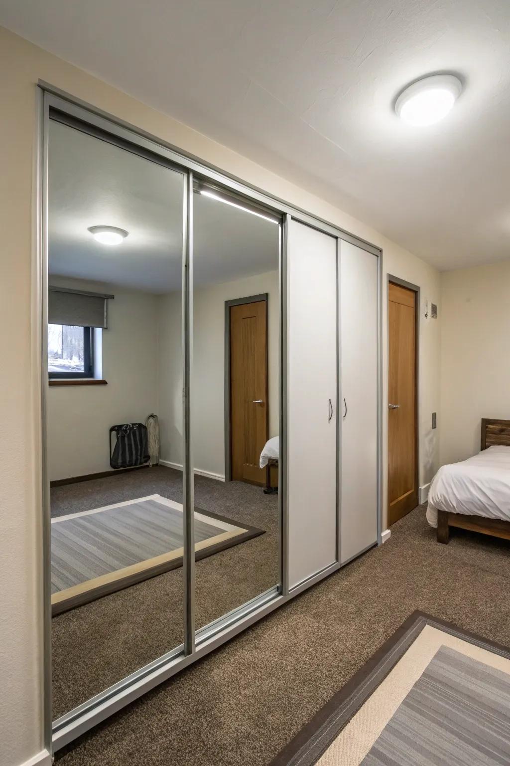 Sliding mirrored doors provide space-saving solutions.