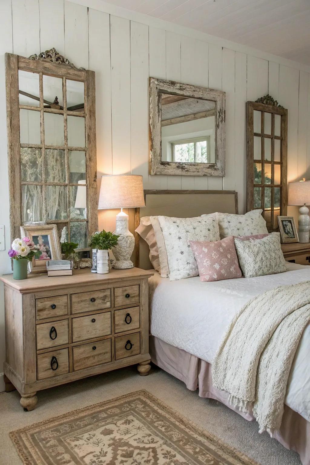 Distressed mirrors add rustic charm and warmth to the bedroom.