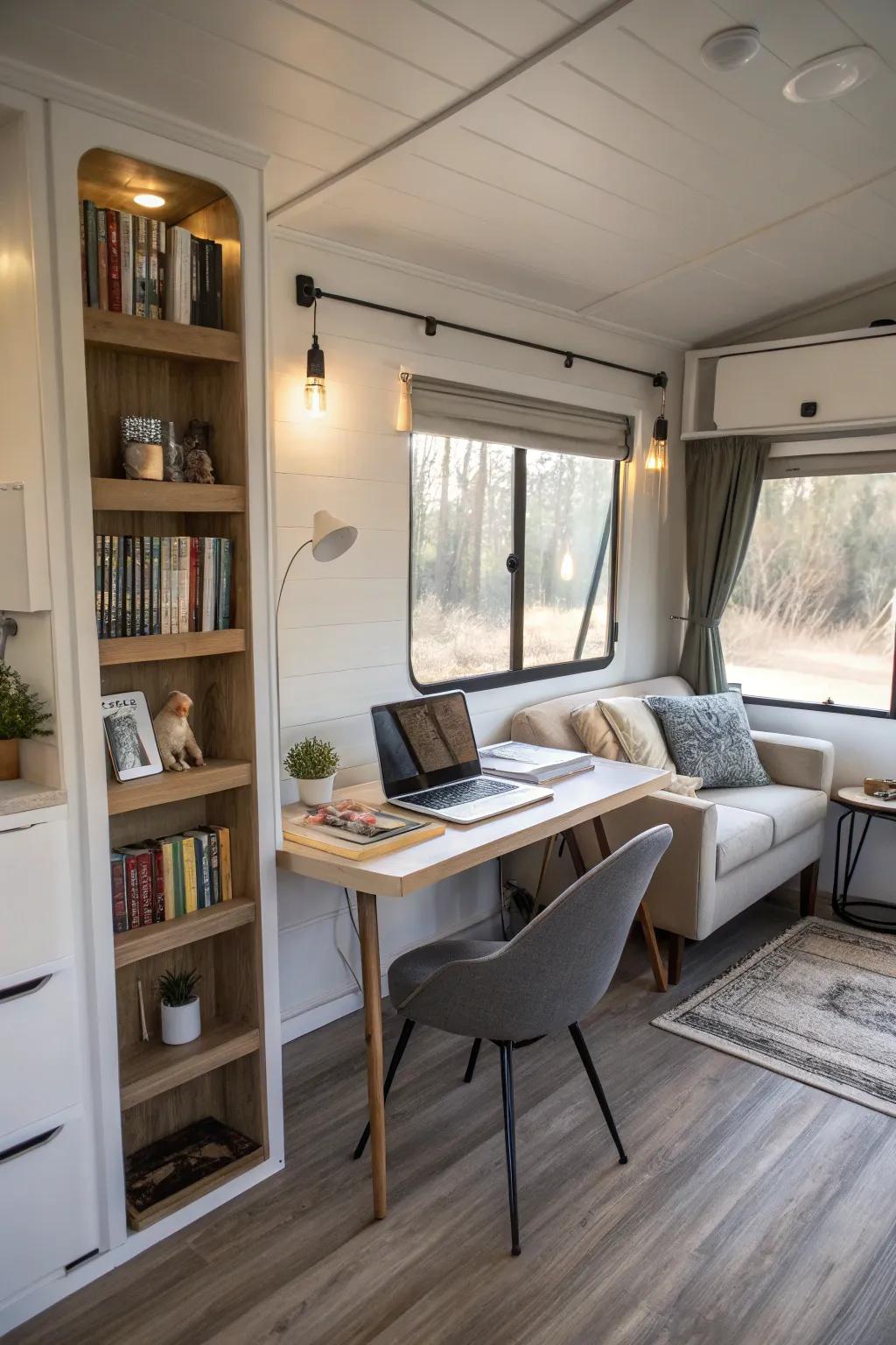 A chic home office with a desk and book display, providing a dedicated workspace in a mobile home.