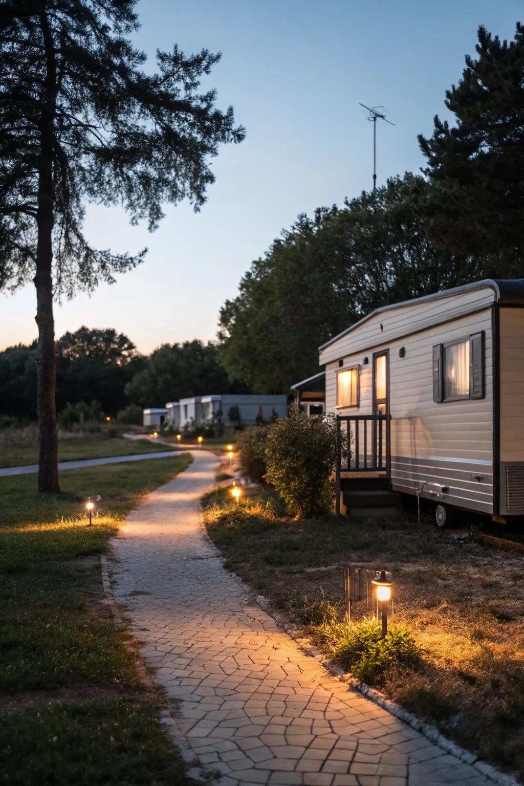 Solar pathway lights generate a pleasant radiance along a mobile home's route.